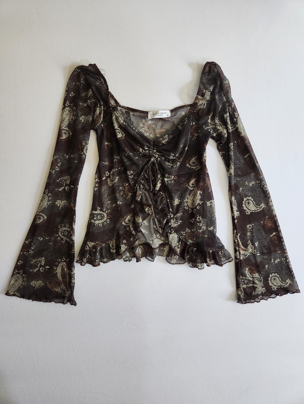 Mesh Flutter Fairycore Festival Long Sleeve Ruffle Trim Top Sz XS